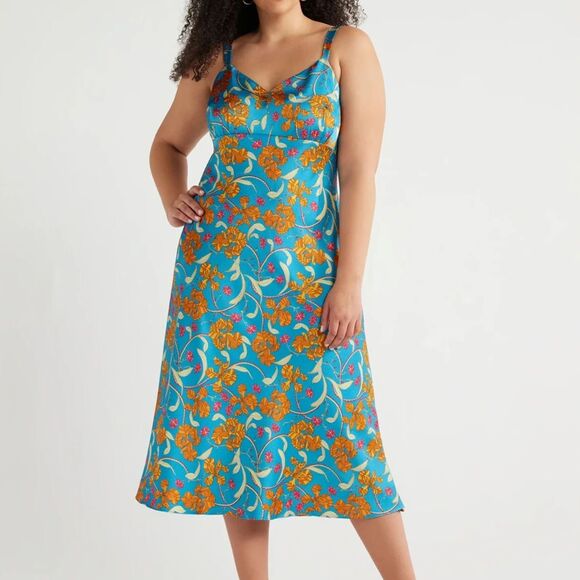 Sofia Vergara Womens Dress XL Blue Orange Floral Tropical Strappy Satin Vacation - Picture 1 of 11